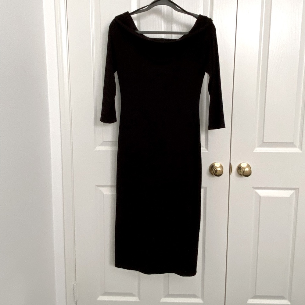 Ribbed black stretch boatneck midi dress